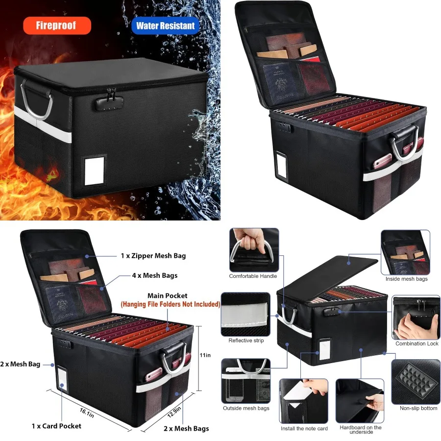 

Fireproof Document File Organizer Box with Lock for Portable Office Storage: Secure Hanging Letter and Legal Folder Cabinet 16.