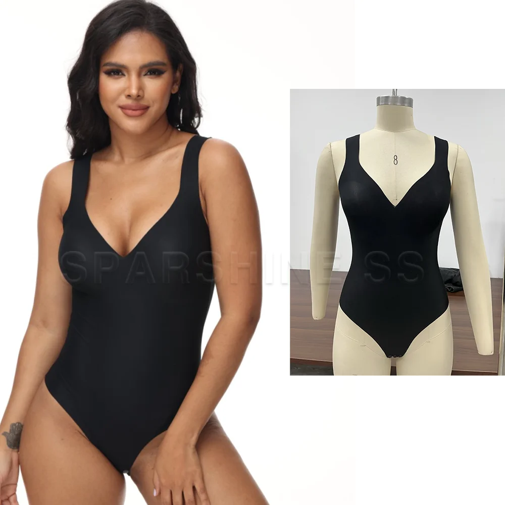 Fajas Colombianas V-Neck Sleeveless Bodysuit Seamless Form-Fitting Stretchy Comfortable for Daily Wear Ladies Thongs