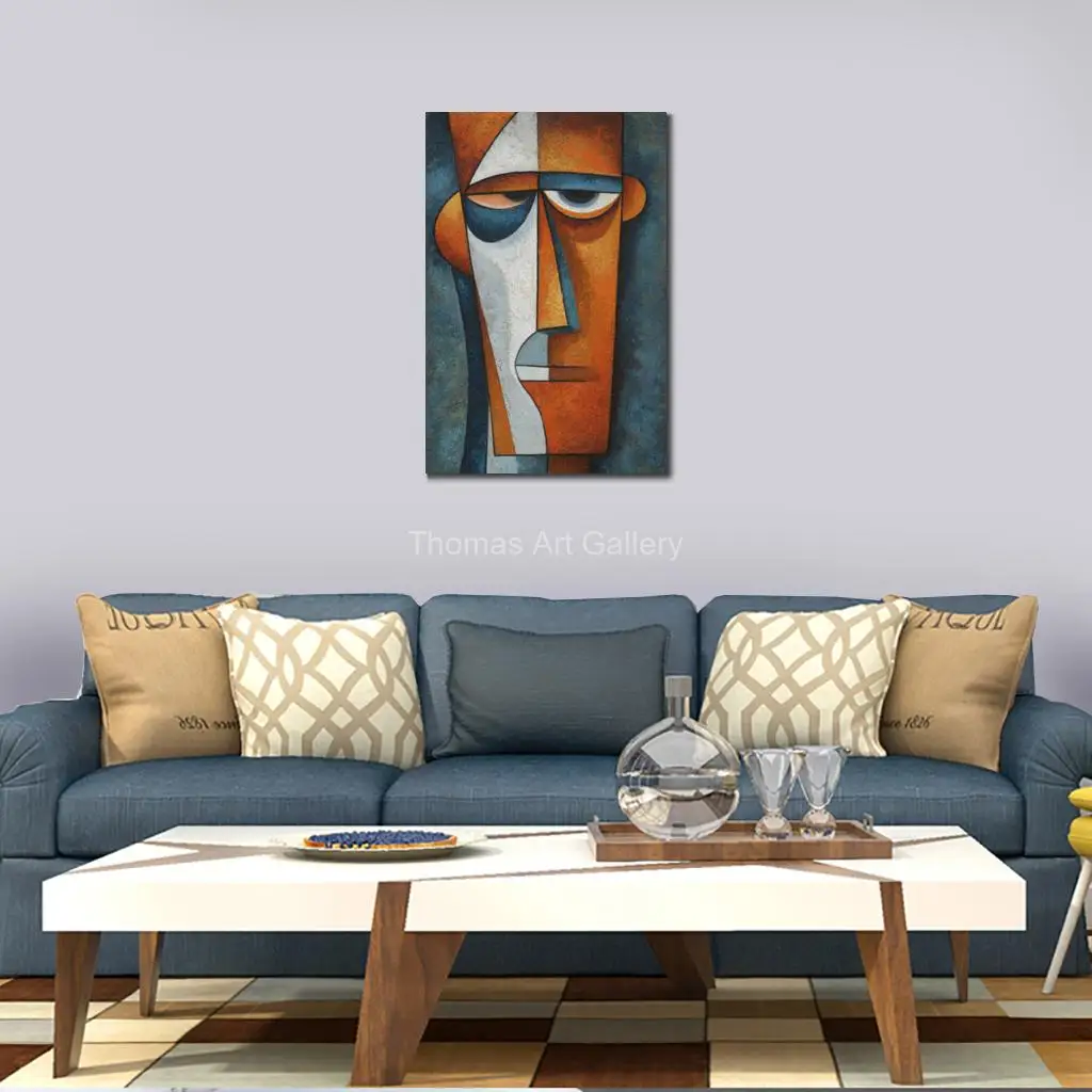 Oversized Cubist Abstract Face Canvas Print Modern Geometric Portrait Wall Art Orange Blue for Minimalist Apartment & Workspace