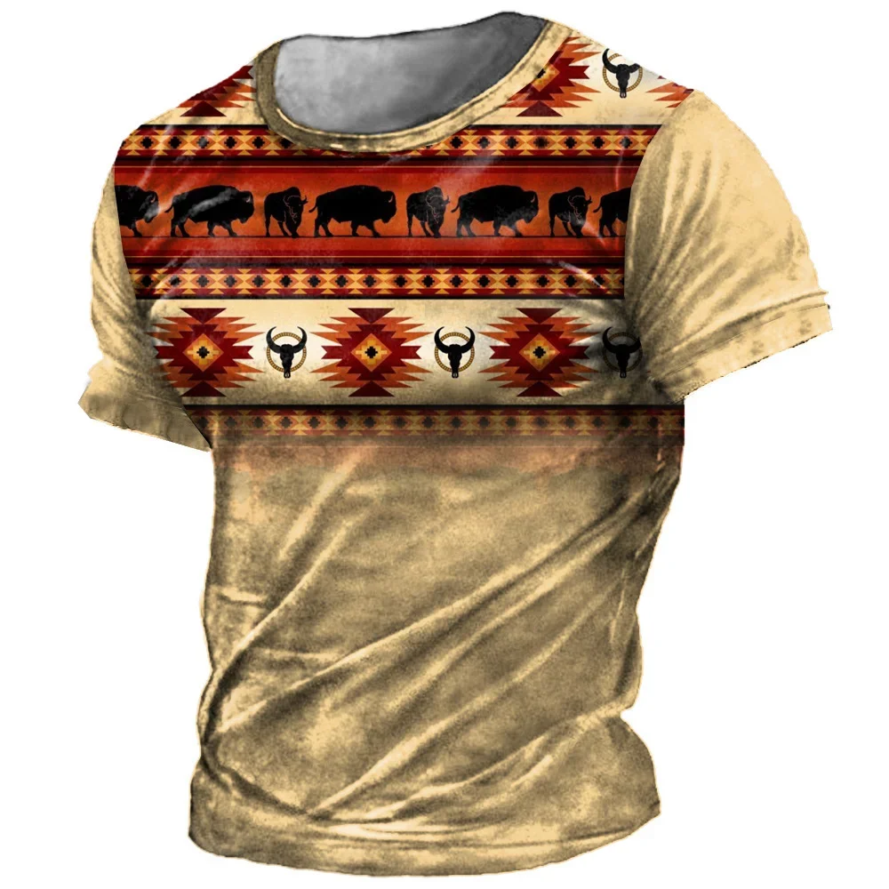 2024 Summer vintage Mystery Tribe printed men's T-shirt Breathable loose short sleeve top Outdoor sports plus size men's T-shirt