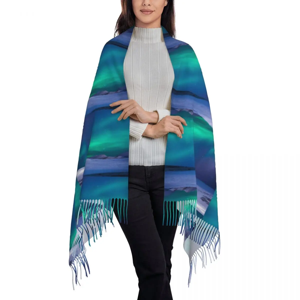 Northern Lights Alaska , Aurora Borealis Winter Snow Scarf Tassel Scarves Women Soft Warm Shawls and Wraps Winter Shawl Wrap