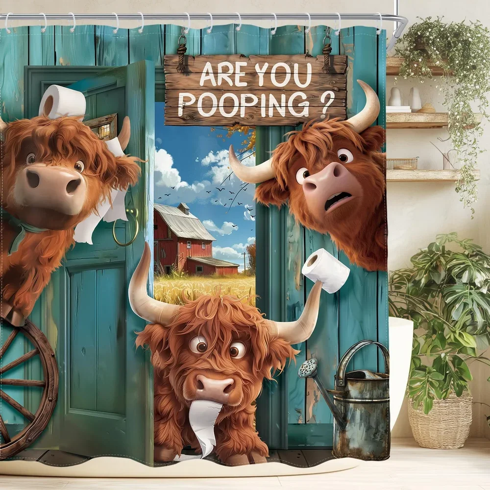 Cartoon Highland Cow Shower Curtain, Funny Cute Art Cow Print Rustic Country Farmhouse Blue Floral Bathroom Decor, Waterproof