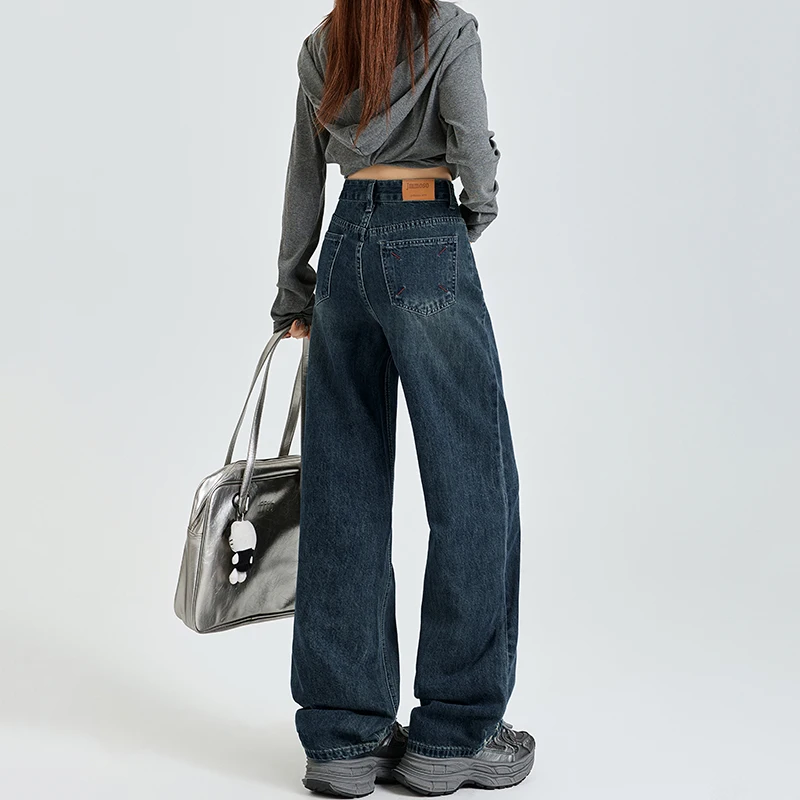Womens Jeans Straight Tube Look Thinner Leisure Baggy Denim Pants High Waist Vintage Blue Streetwear Y2K American Style Wide Leg