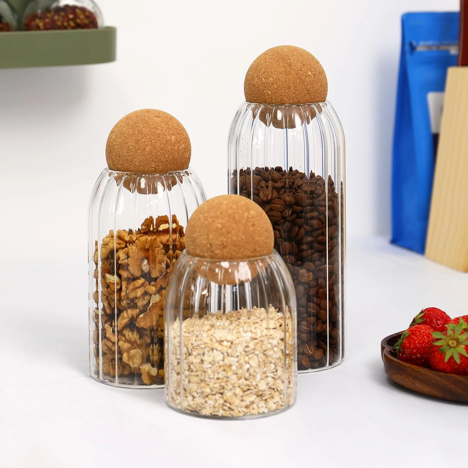 مجموعة جرة زجاجية خزان طعام مع سدادة خشبية محكمة الغلق لعلبة المطبخ - مثالية للدقيق والسكر والبسكويت والمكسرات والحلوى