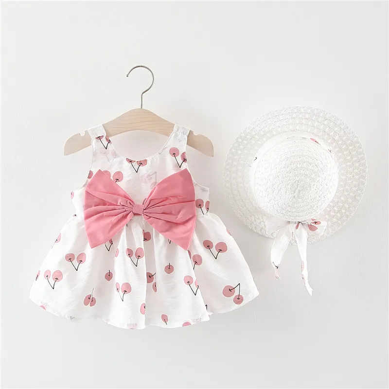 Summer Baby Girl Outfit Set Send A Hat Korean Style Fashion Lovely Sweet Bow Fruit Sleeveless Casual Beach Toddler Dress