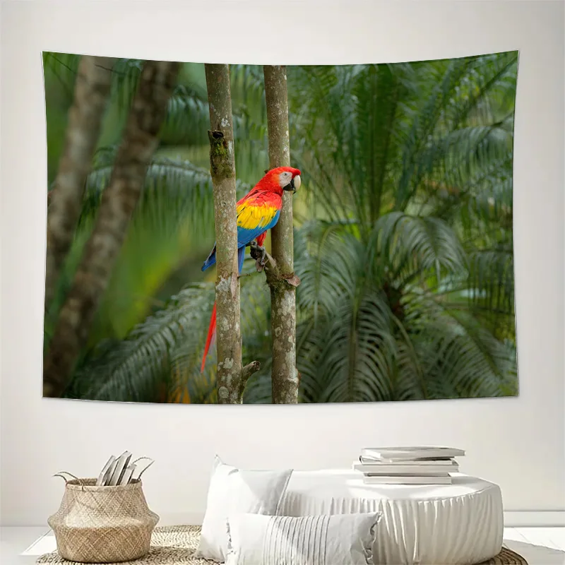 Vibrant Scarlet Macaw Parrot on Tropical Tree Wall Tapestry Machine Washable All Season Decor Print Home  Elevate Your Space