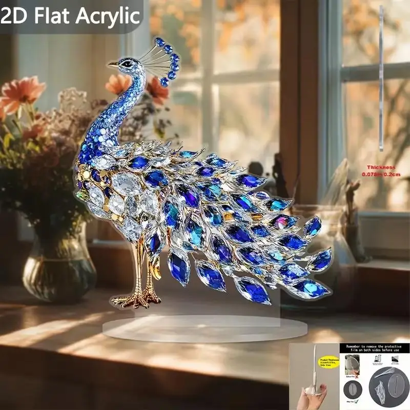 【A-Nice】1Pcs 2D Flat Acrylic Figurine Luxurious Crystal Peacock Ornament Tabletop Decoration For Bedroom Living Room Office