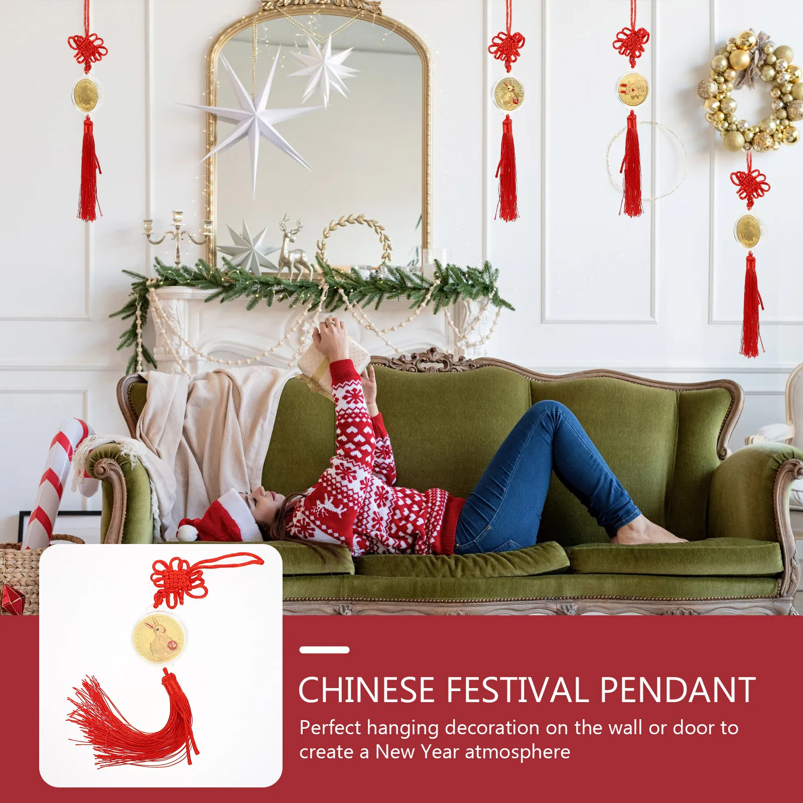 

6Pcs Chinese New Year Decorations Rabbit Knot Pendant Tassel for Car Interior Door Wall Spring Festival Supplies