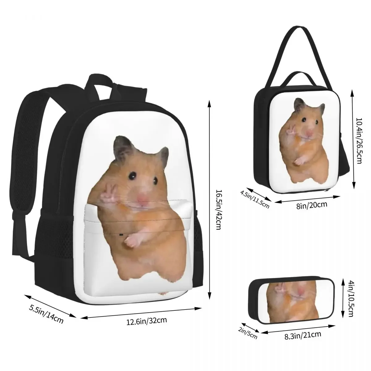 Peace Sign Hamster Backpacks Boys Girls Bookbag Students School Bags Cartoon Kids Rucksack Lunch Bag Pen Bag Three-Piece Set