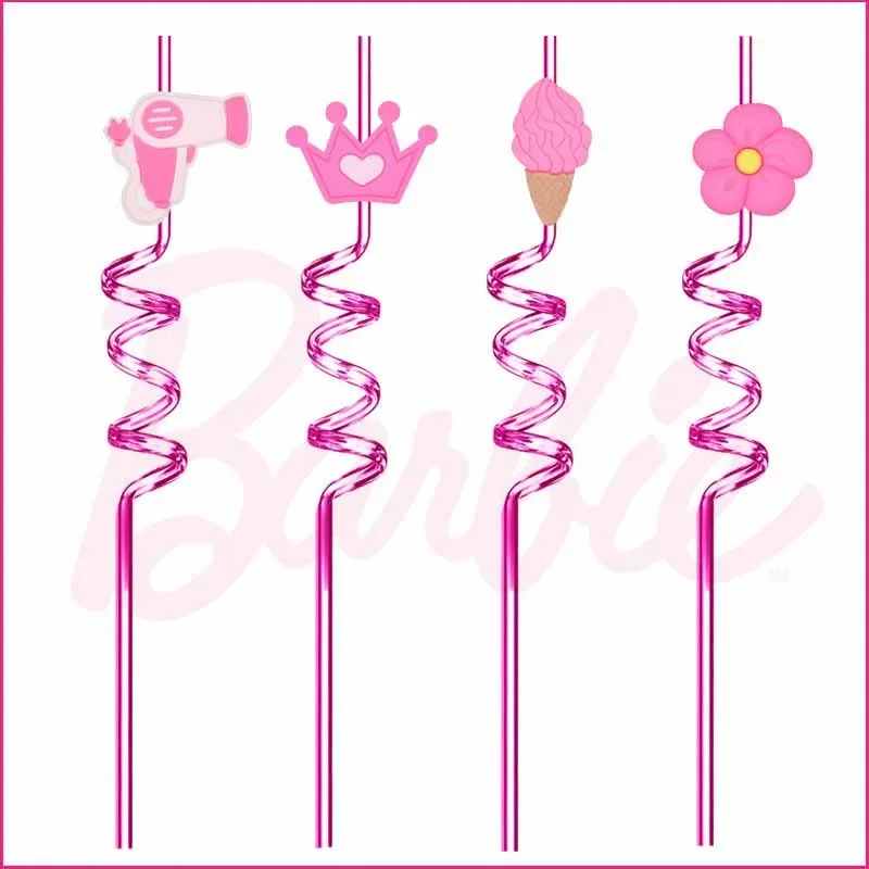 Miniso Barbie Series Straw Party Reusable Children Cartoon Plastic Creative Bending Straw Anime Decoration Christmas Supplies