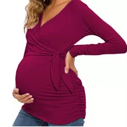 Womens Clothing Pregnancy Shirt Maternity Clothes Nursing Top Long Sleeve V-Neck Maternity Blouses Cross Belt Nursing T-Shirt