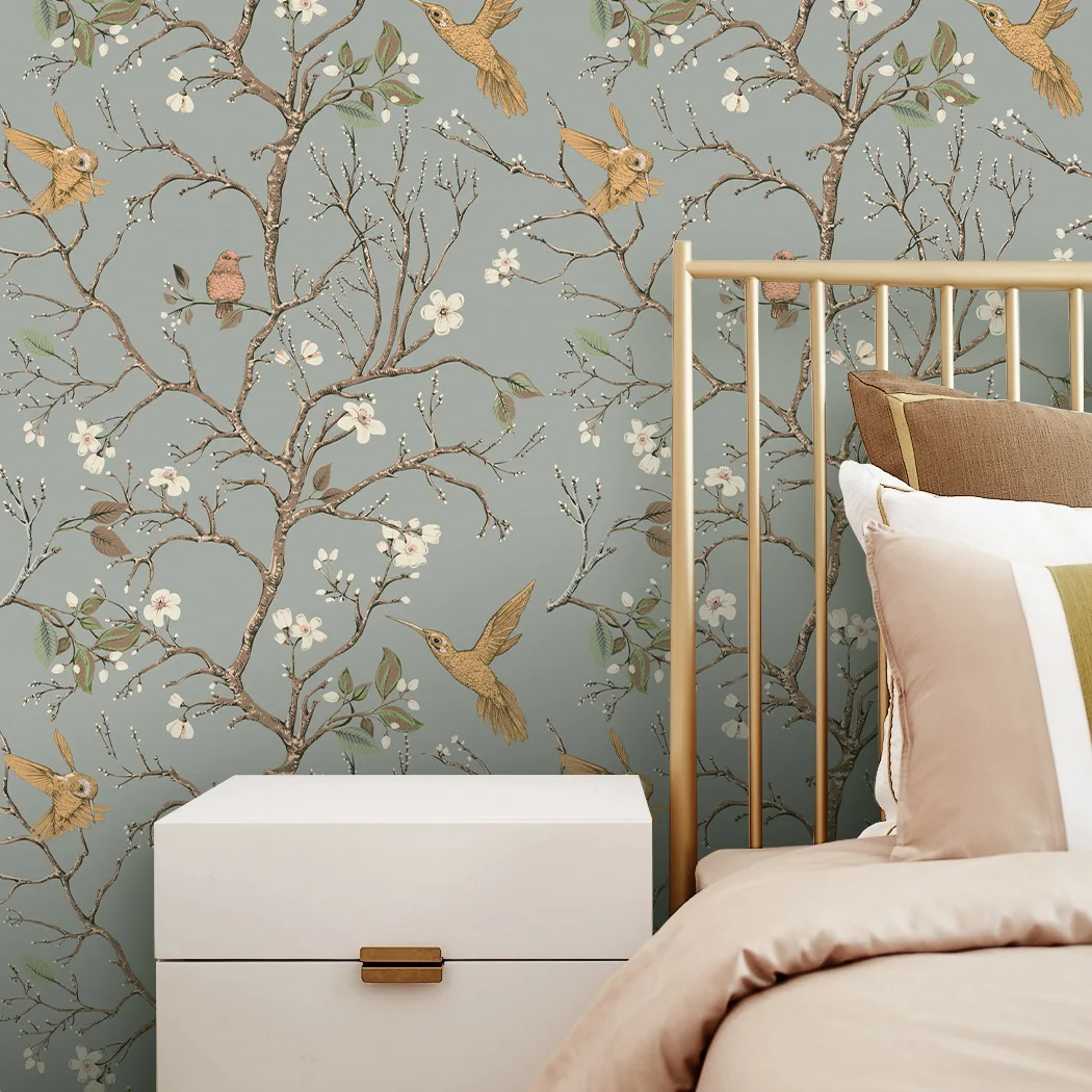 Peel and Stick Floral Bird Wallpaper Self Adhesive Waterproof PVC Wall Sticker Wear-resista Easy Care for Living Room Home Decor
