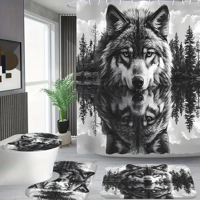 

4 шт., набор занавесок для душа Timberwolf Reflection Pattern, занавеска для душа с 12 крючками, коврик для ванной комнаты, U-образный коврик для унитаза