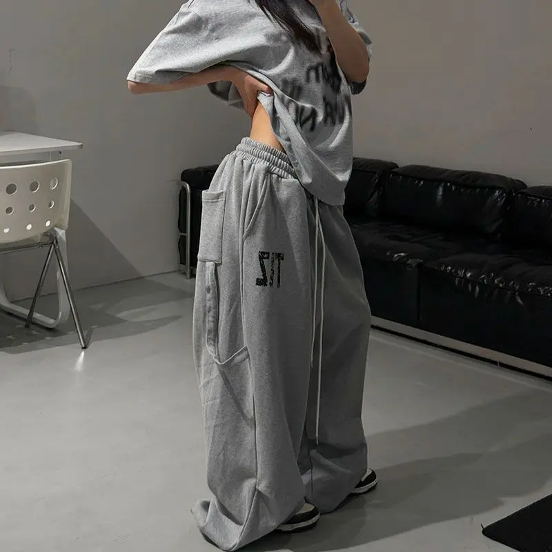 ONE TO WAN American Retro Grey Casual Sports Pants Women's Spring Autumn High Waist Loose Drawstring Dance Wide Leg Sweatpants