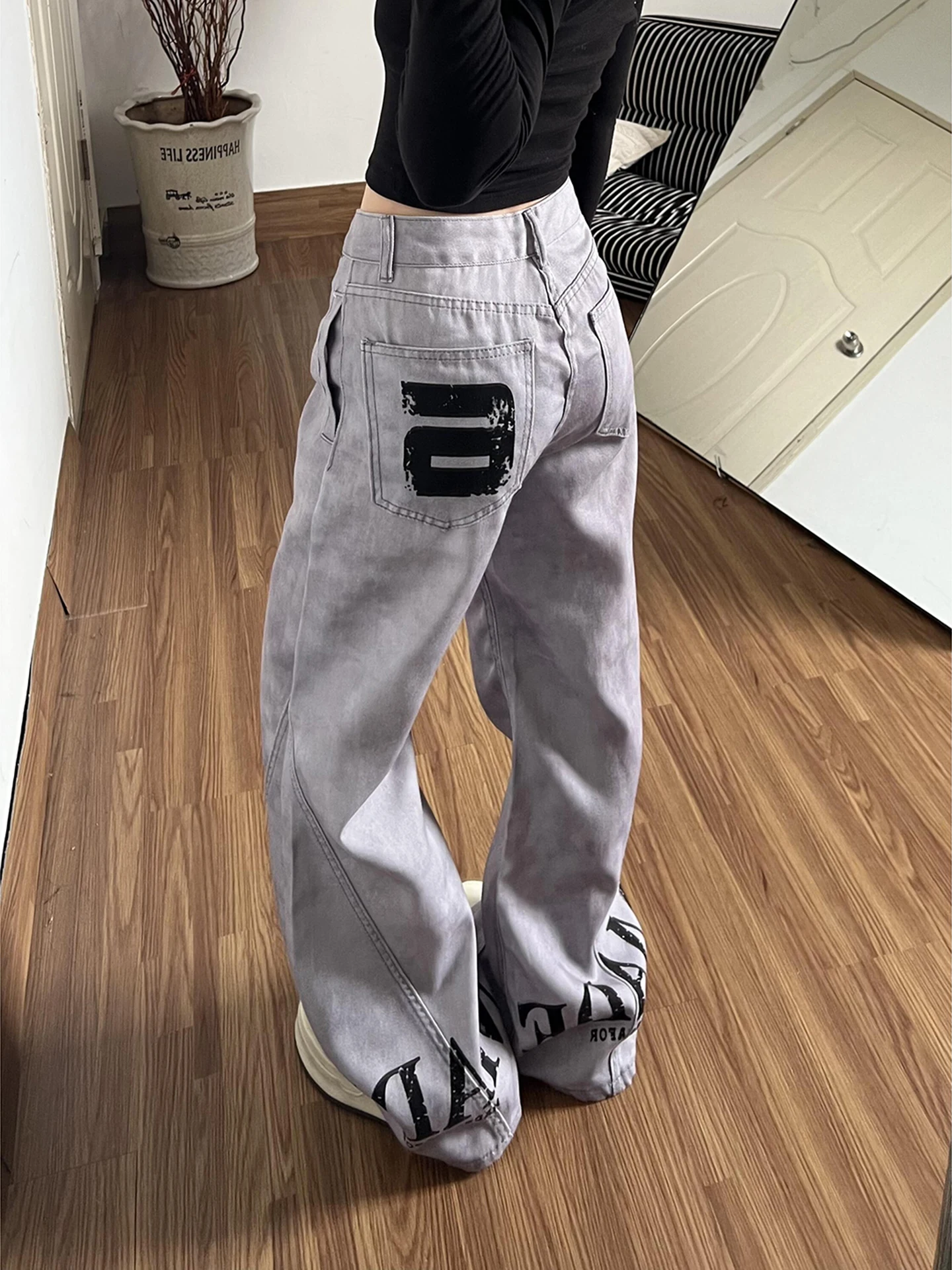 

High Waist Straight Leg Jeans ey e Men Women Cleanfit Unique Design Bell Bot Casual Faion Youth Trend Denim Pants