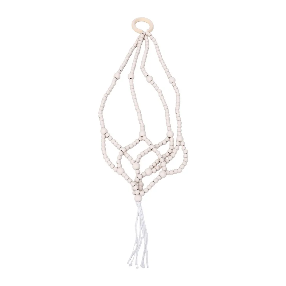 Natural Wood Beads Beaded Plant Hanger Cotton Rope Boho Design Hanging Planter Basket Woven Construction Macrame Fringe
