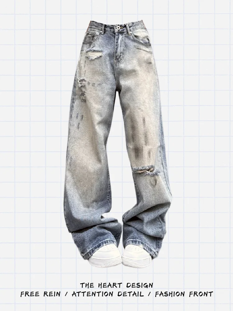 

Retro American Blue Denim Jeans Women's High Waist Straight Leg Torn Waed Long Pants Casual Pure Color Four Seasons