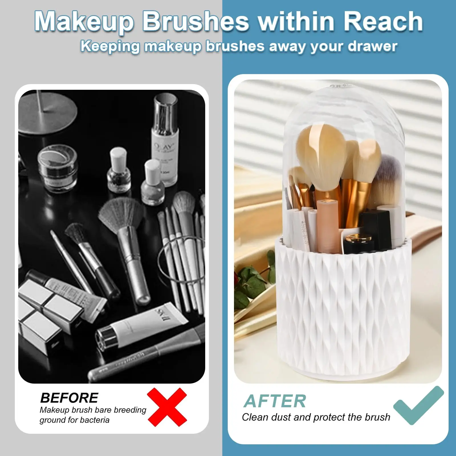 Make Up Brush Organizer with Lid 360 Rotating Makeup Brush Holder Storage Box for Vanity  Bathroom 5 Slot Brushes Cup