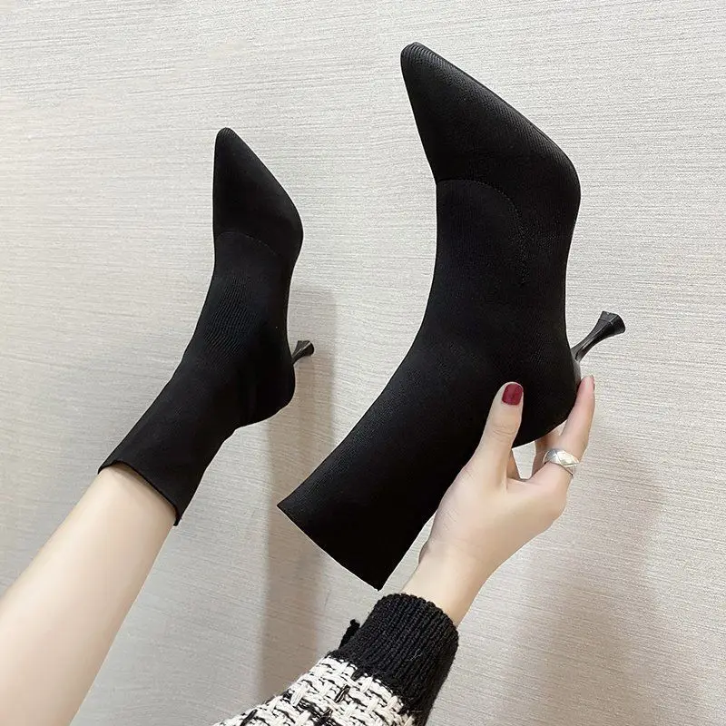 

Каблук 9 см 7 см 5 см эластичные тканевые носки сапоги женская черная обувь элегантная вязаная эластичная обувь с острым носком