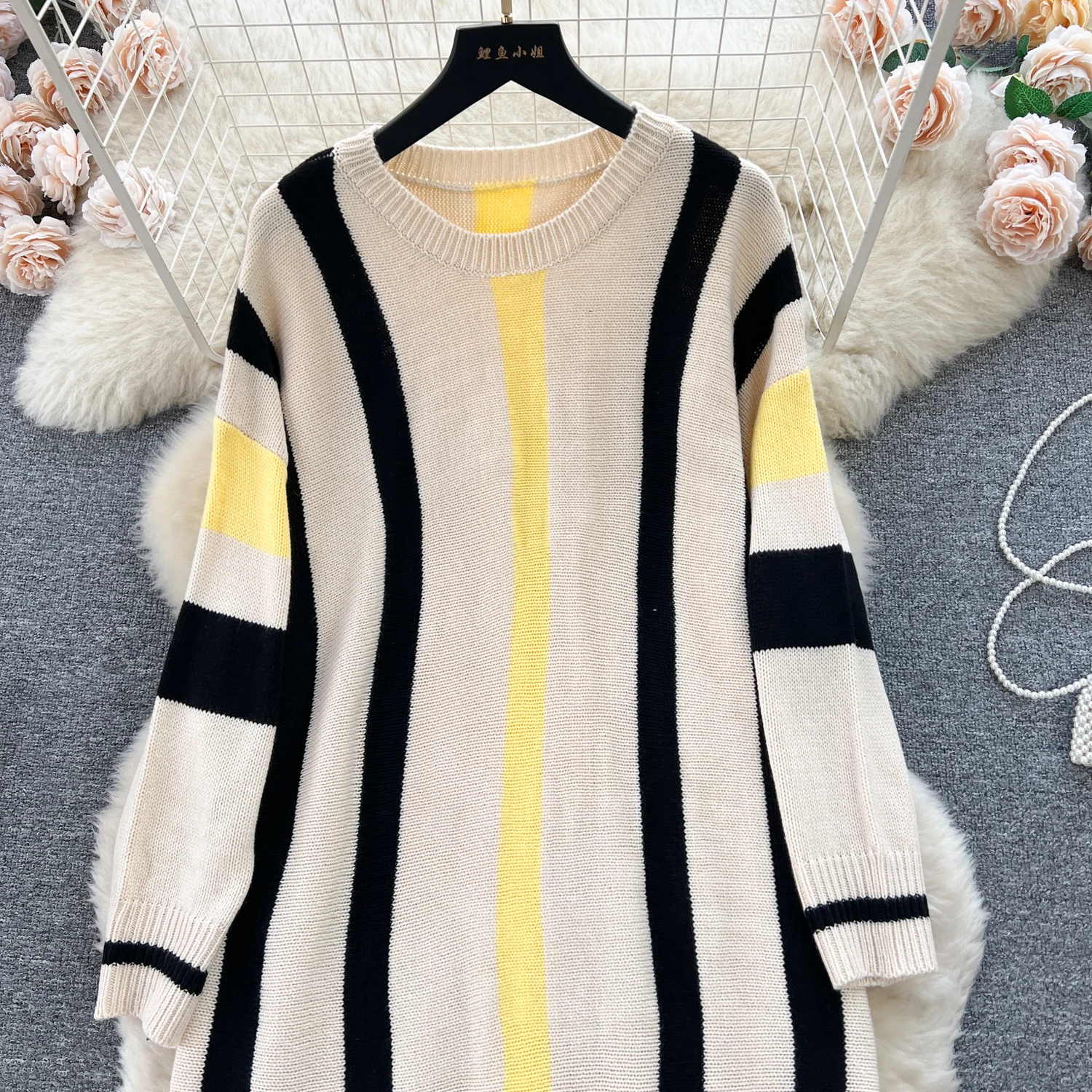 Autumn Winter Sweater Dress Women Loose Casual Woolen Striped Contrasting Long Dress O Neck Long Sleeve Knitted Sweater Dress