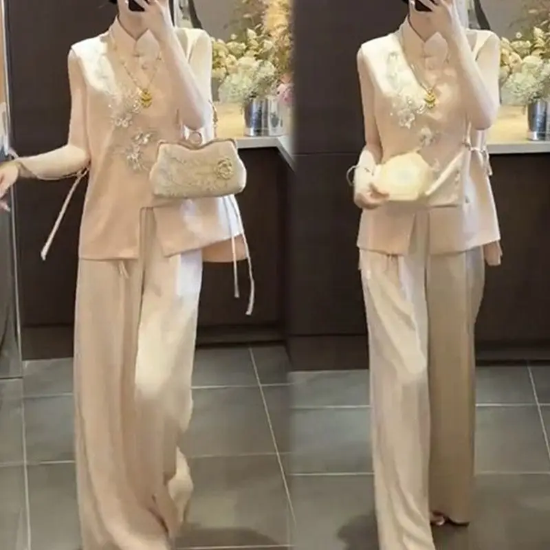 Fashion Suit Women's Spring and Summer New Item Light Luxury Button Top Wide Leg Pants Two-piece Set