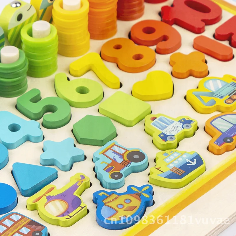 Drewniana edukacyjna tablica arytmetyczna i logarytmiczna dla dzieci, wielofunkcyjna, w kształcie autobusu szkolnego, układanka, zabawka do nauki cyfr.