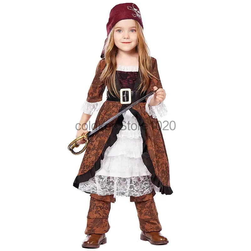 Kids Caribbean Pirate Captain Costume Girls Halloween Purim Carnival Party Pirates Cosplay Outfits Children Renaissance Clothing