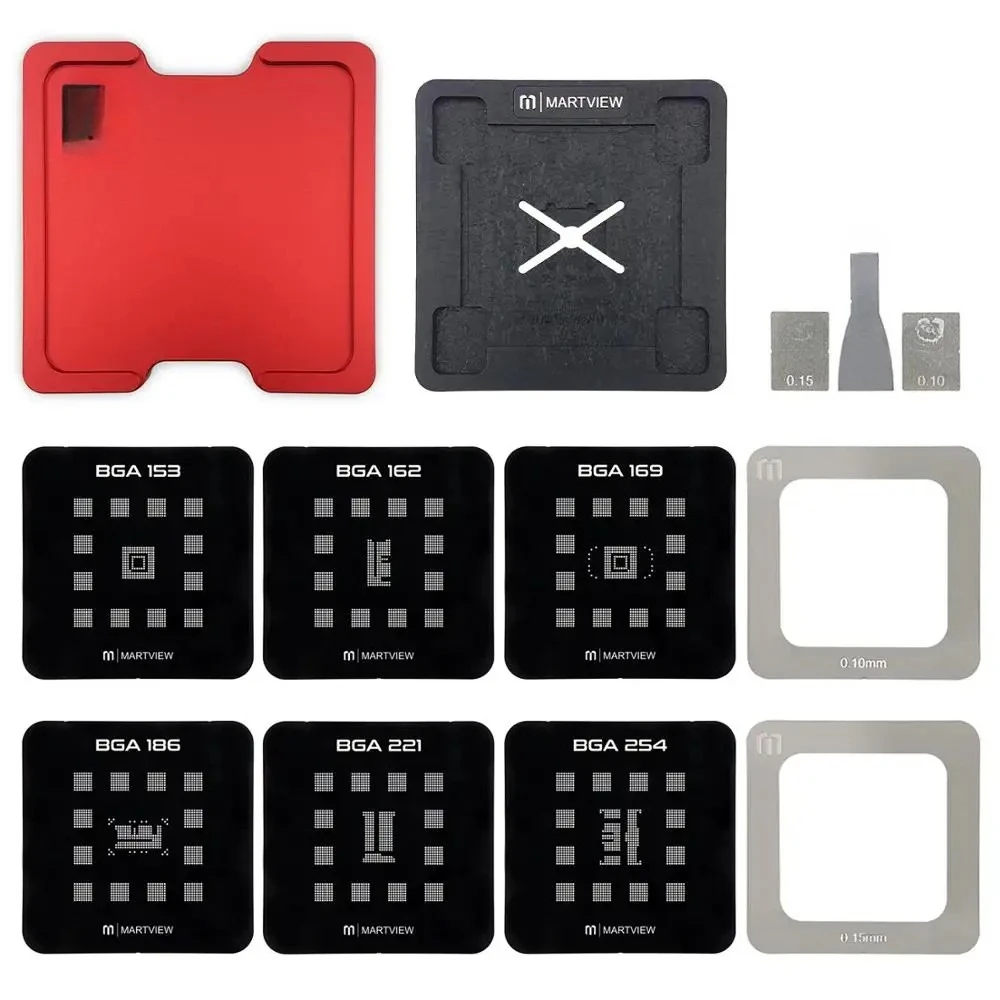 Net Full Set for EMMC/EMCP/UFS BGA153/162/169/186/221/254 with Fixed Plate and Holder BGA Reballing Stencil Tin