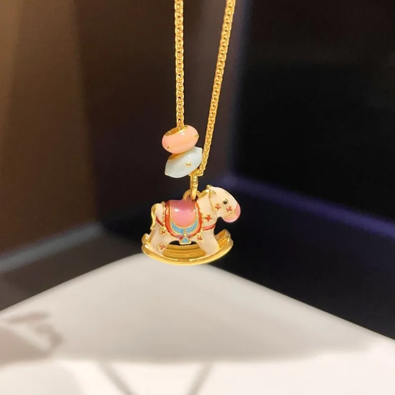 

Xiaohongshu Same Dopamine Color Epoxy Trojan Horse Pendant Necklace Female Cute Girl High Sense Collarbone Chain