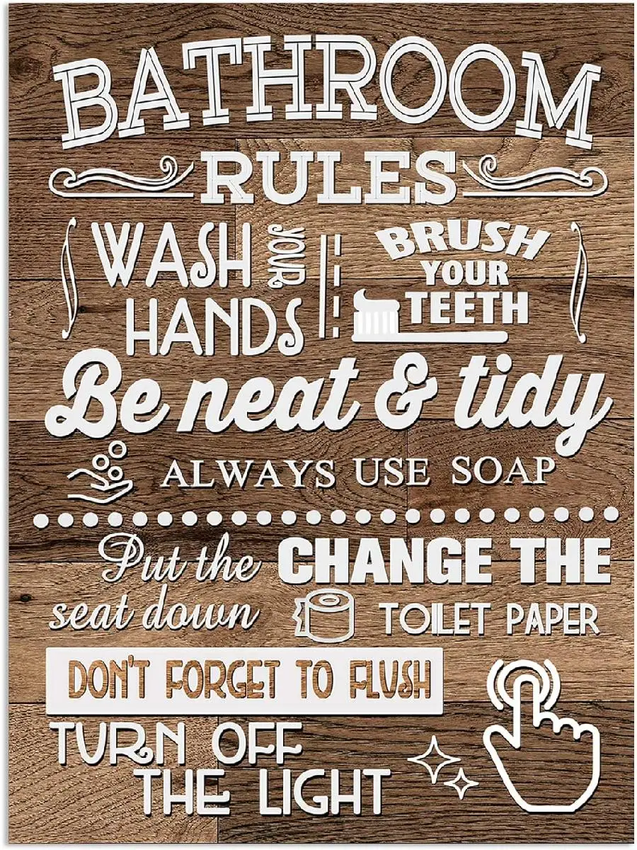 Bagno Canvas Wall Art Funny Toilet Rules Sign Poster con venature del legno sfondo stile fattoria toilette Wall Decor incorniciato a