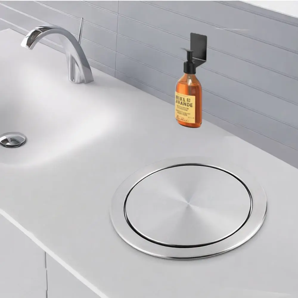 Contemporary Stainless Steel Kitchen Counter Trash Lid Flush Mount Swing Flap Garbage Can Cover Waste Bin Organizer