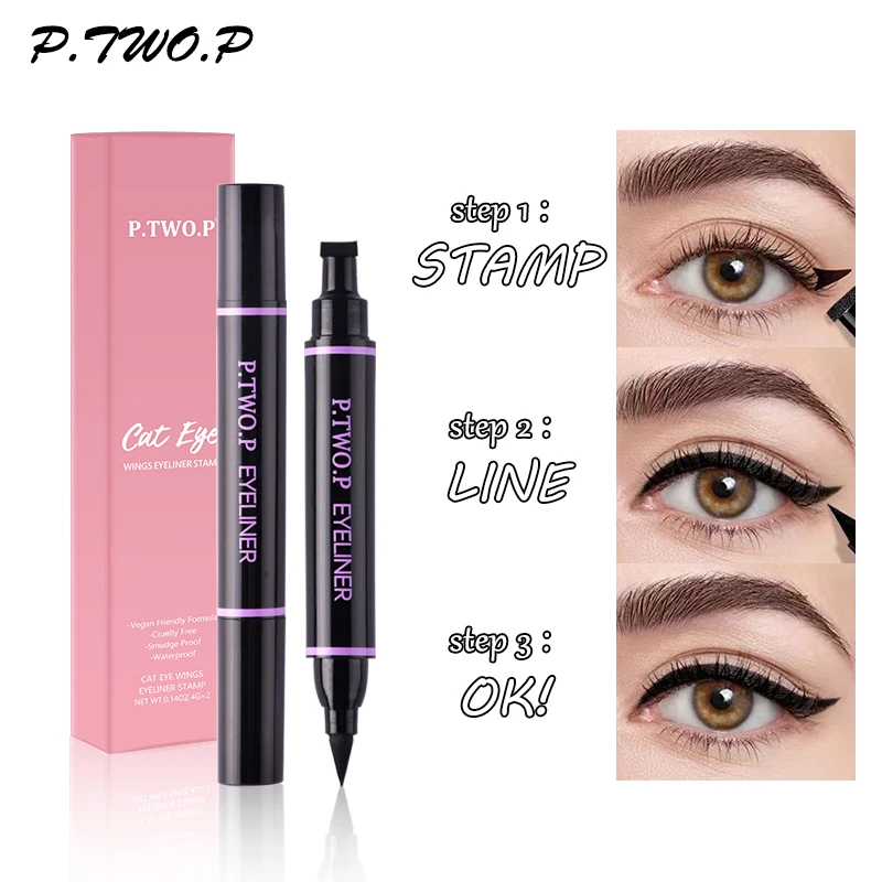 PTWOP 2 Stück/Box Schwarzer Eyeliner-Flüssigstift, Katzenaugenflügel, Eyeliner-Stempel, wasserdicht, schnell trocknend, langlebig, für Augen-Make-up