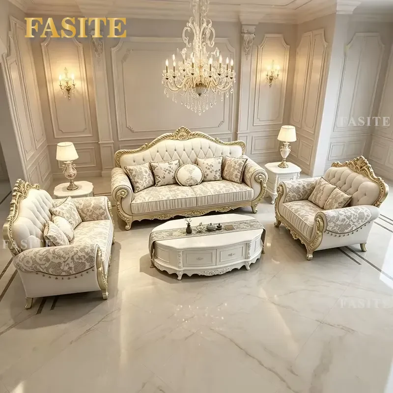 For European Style Villa Classic Golden Royal Luxury Fabric Sofa Set Wooden Frame 1 2 3 Seater Sectional Living Room