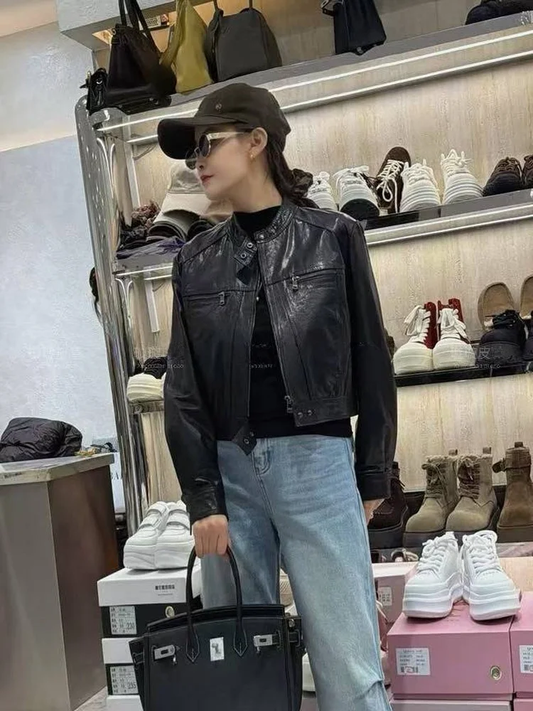 

Новая женская куртка из натуральной овчины 2026 года, укороченная, в байкерском стиле, с воротником-стойкой, длинными рукавами, для повседневной носки, модная