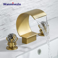 Golden Basin Faucet Deck Mount Widespread Brass Bathroom Basin Mixer Tap Dual Handle Cold and Hot Water Crane Vessel Sink Taps