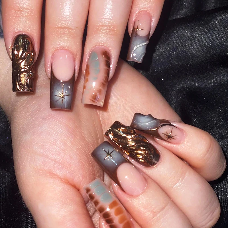 

24Pcs French Smudge Press on Nail 3D Star Manicure Medium and Long Detachable Black Sugar Color False Nail for Women&Girl