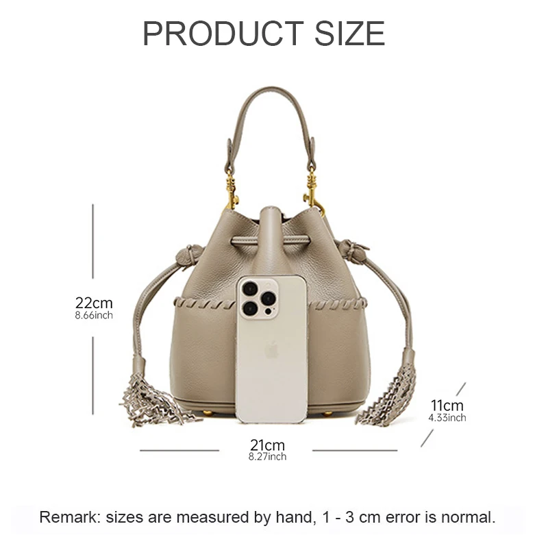 New Women Genuine Leather Tassel Drawstring Bucket Bag Ladies Single Shoulder Crossbody Bags Girls Premium Versatile Handbag