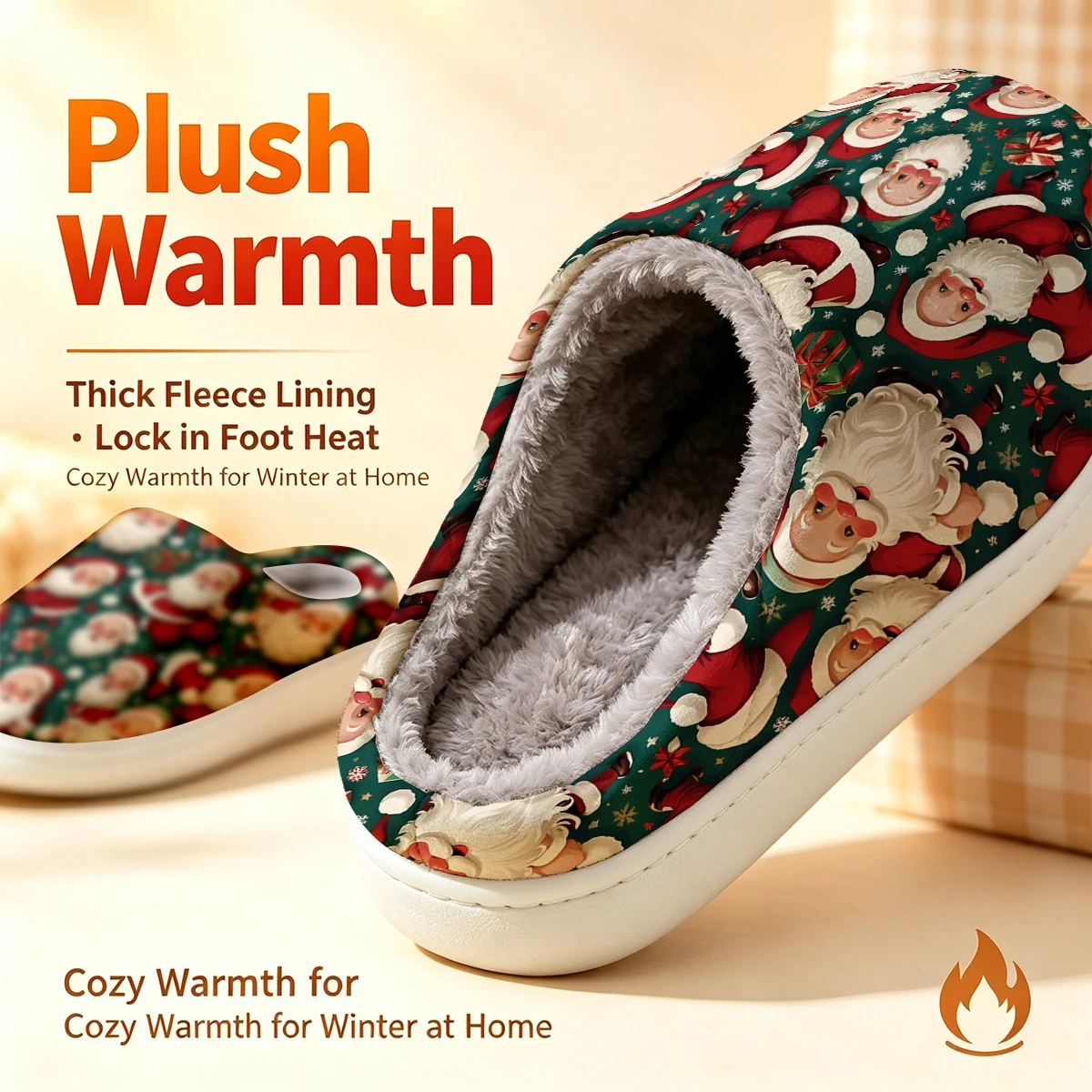 Vintage Santa Seamless Christmas White Slippers Warm Plush Indoor Shoes Non-Slip Winter Slippers Family Holiday Gifts Soft