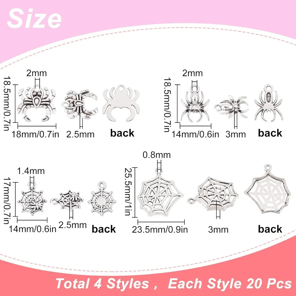 1 Box 80Pcs 4 Style Spider Charms Tibetan Style Halloween Spider Charms for Jewelry Making Alloy Spider Web Charms Earrings