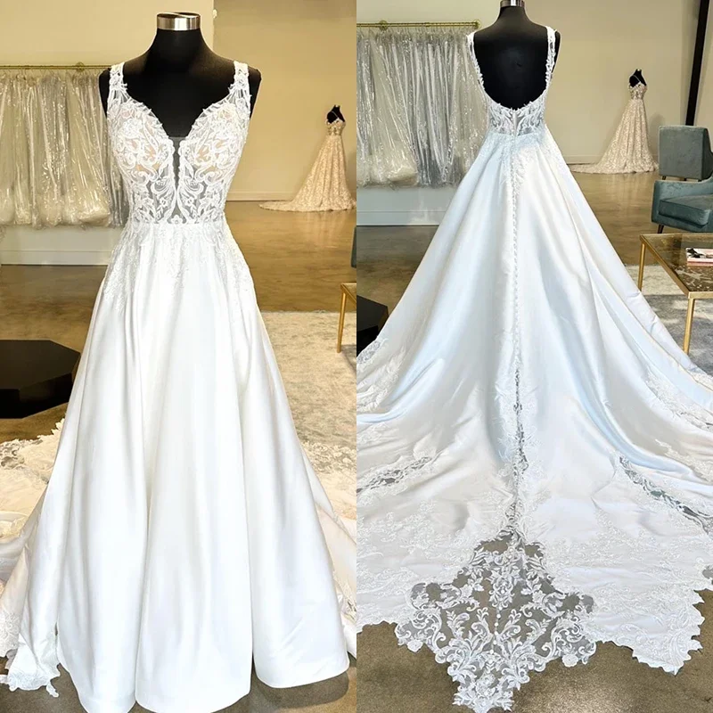 

Graceful Wedding Dress Satin With Embroidery Ballgown A-Line Floor Length V-Neck Sleeveless Bride Customized Vestido De Novia