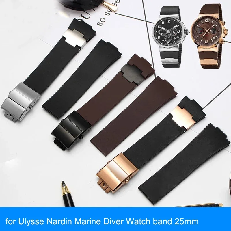 Waterproof Silicone Rubber stap Black Brown Blue Watch Band for Ulysse Nardin Marine Diver Watchbands 25mm