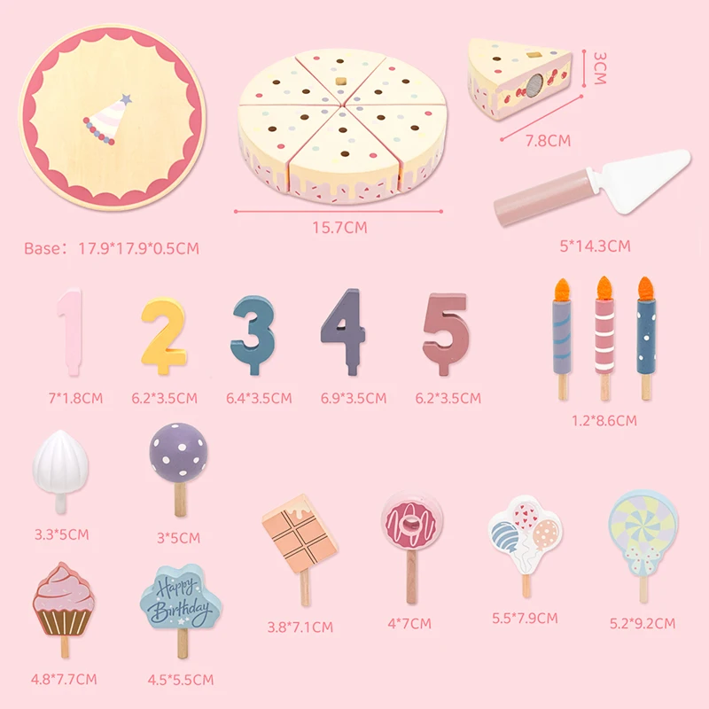 木製アメリカンスタイルの誕生日ケーキプレイセット - 取り外し可能なスライス、キャンドル、デコレーション付きのごっこ遊びおもちゃ、子供たちのパーティーの楽しみに