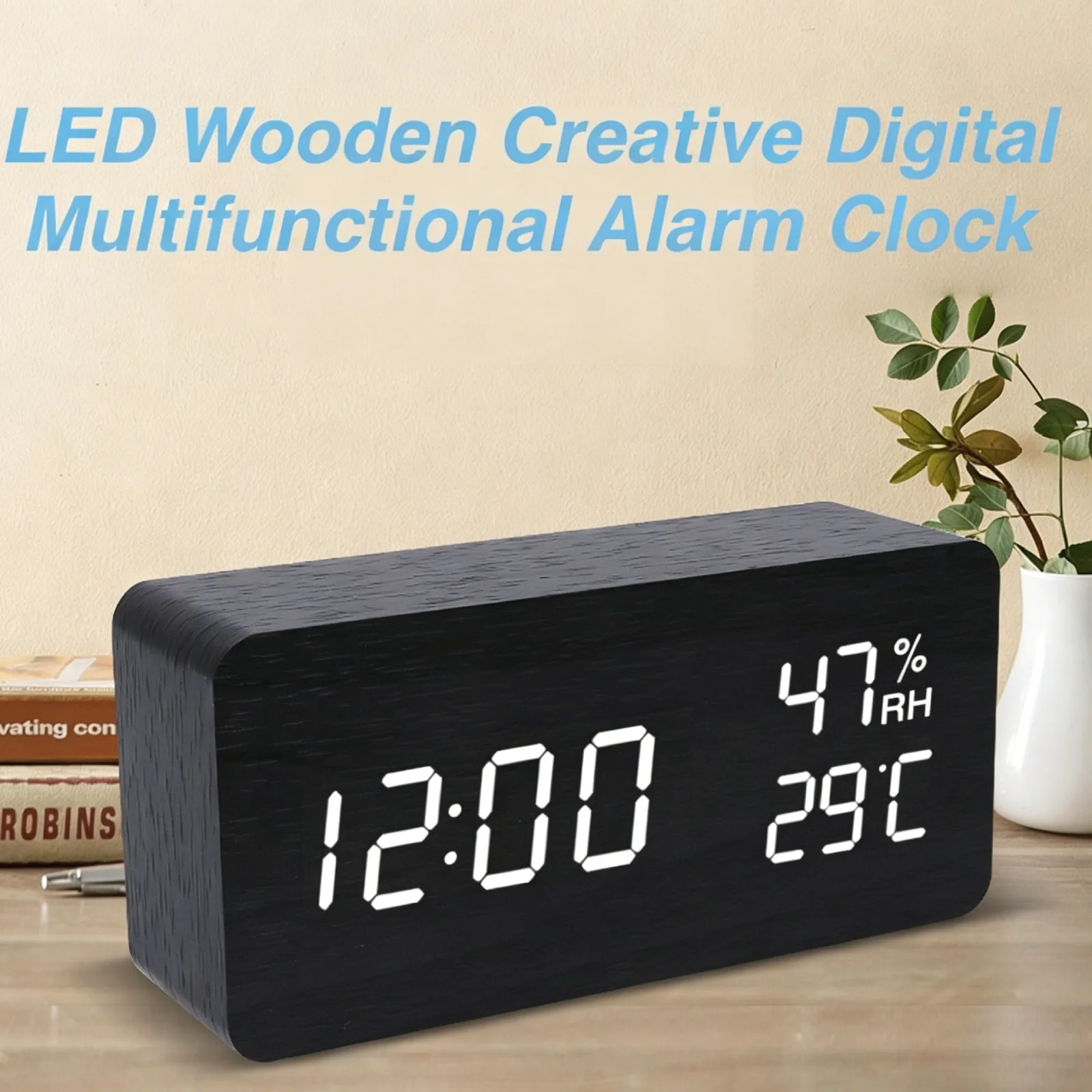 Wooden LED Alarm Clock with Temp Humidity, Voice Control Wake-Up, 3 Power Supply, Digital Wood Desk Clock for Home Office Study