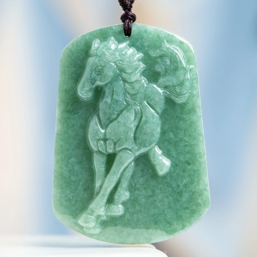 

TIMESWIND Natural A-type Jade Green Zodiac Horse Successful Square Pendant Men Necklace with Certificate