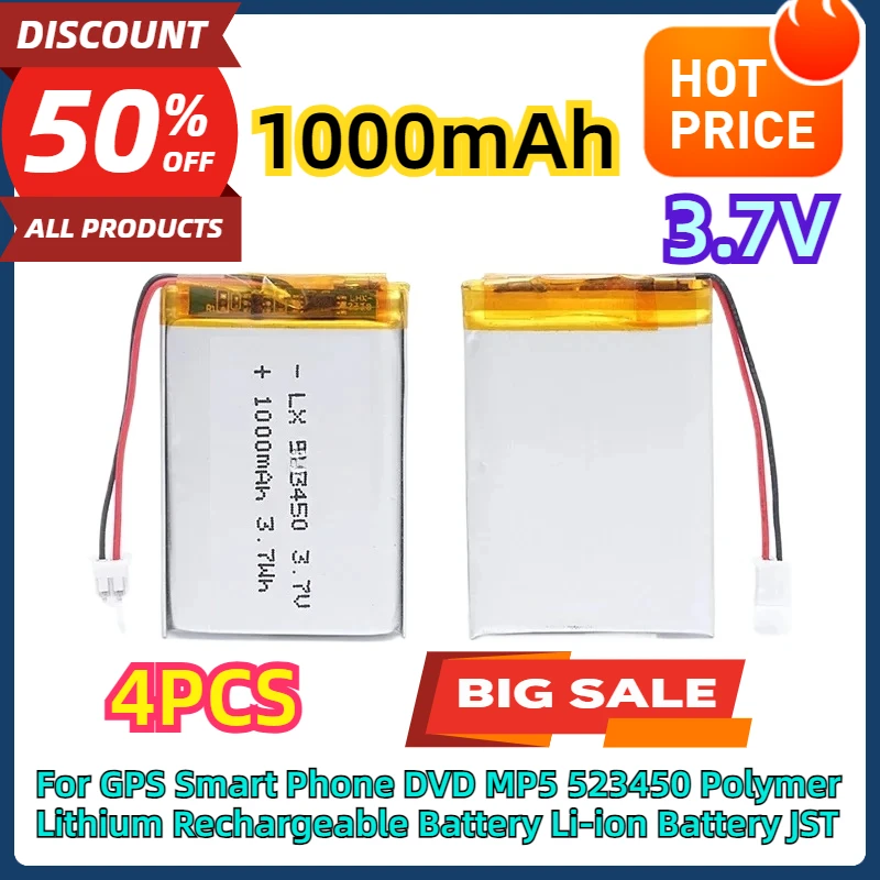 

For GPS Smart Phone DVD MP5 523450 1000mAh 3.7V Polymer Lithium Rechargeable Battery Li-ion Battery JST 4PCS