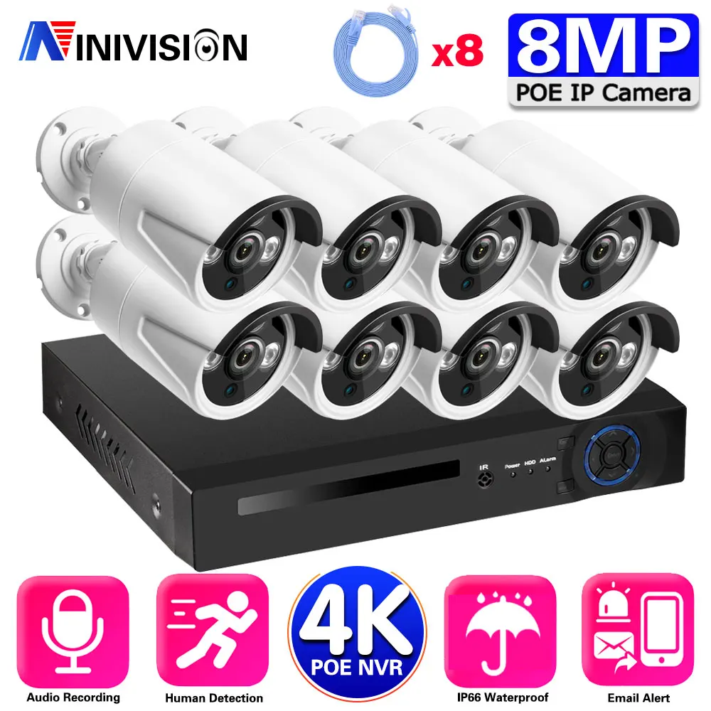 

4K 8CH POE NVR 8MP CCTV Camera System POE Outdoor AI Smart Audio Record Security Surveillance Camera System Set 4K NVR POE Kit