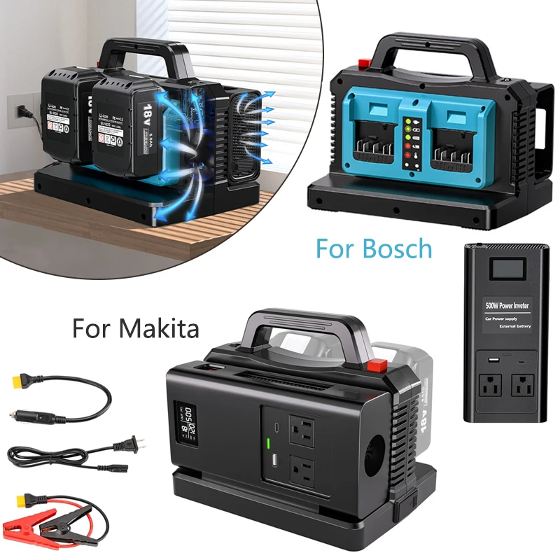 

НОВЫЙ инвертор для аккумуляторов Makita/Bosch 18В, 500Вт, чистая синусоида, 2 порта, автомобильное зарядное устройство, адаптер-инвертор для кемпинга и путешествий
