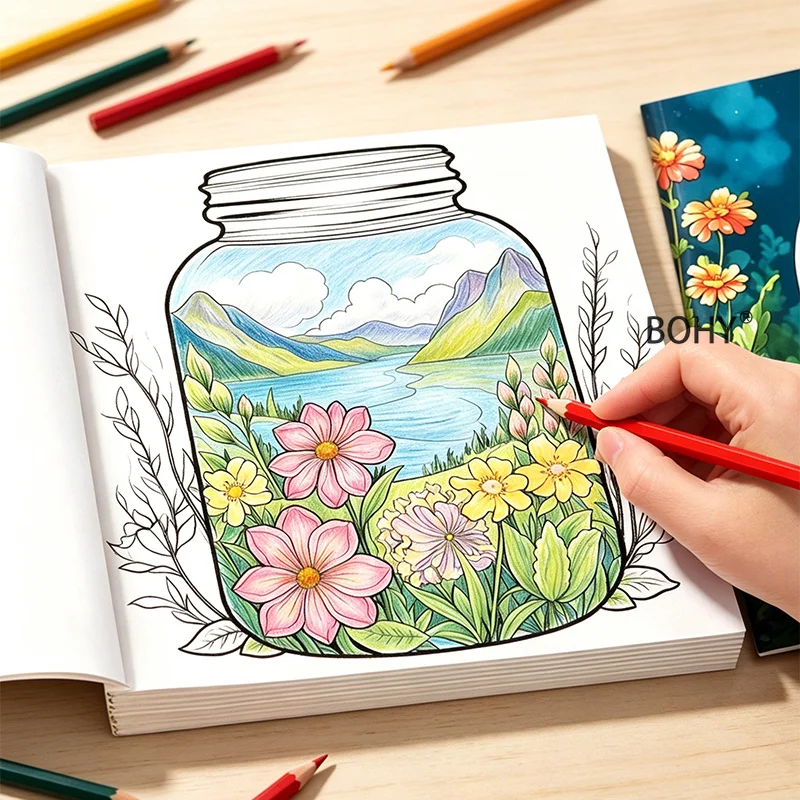 1 Glass Jar Secret Realm Decompression and Coloring Brochure 20 Pages of Theme Drafts Adults To Relax and Relieve Mental Anxiety