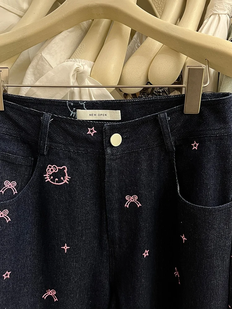 Retro Knoten Design Breite Bein Bodenlangen Jeans frauen Herbst Winter Neue Cartoon Stickerei Denim Hosen Niedrige Taille zi...