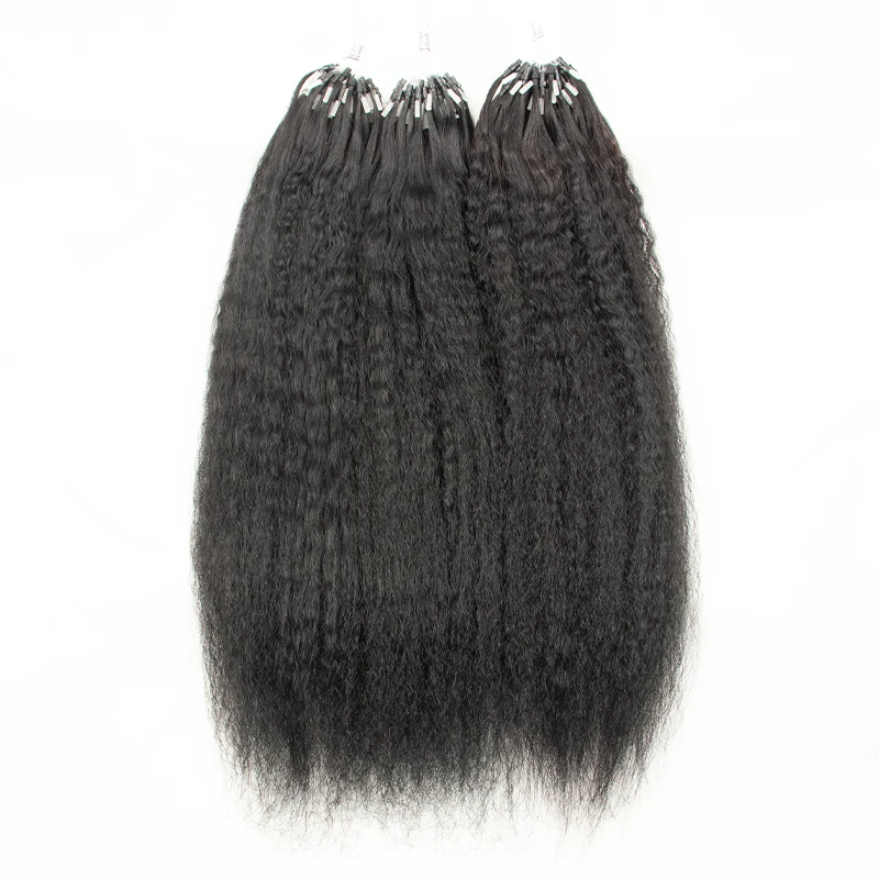 Extensions de Cheveux Humains Crépus et Lisses, Micro Boucle, Noir Naturel, Remy, 50 Brins/Paquet